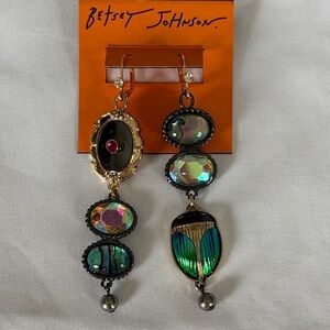 Betsey Johnson Mismatched Iridescent Scarab Drop Earrings NWT